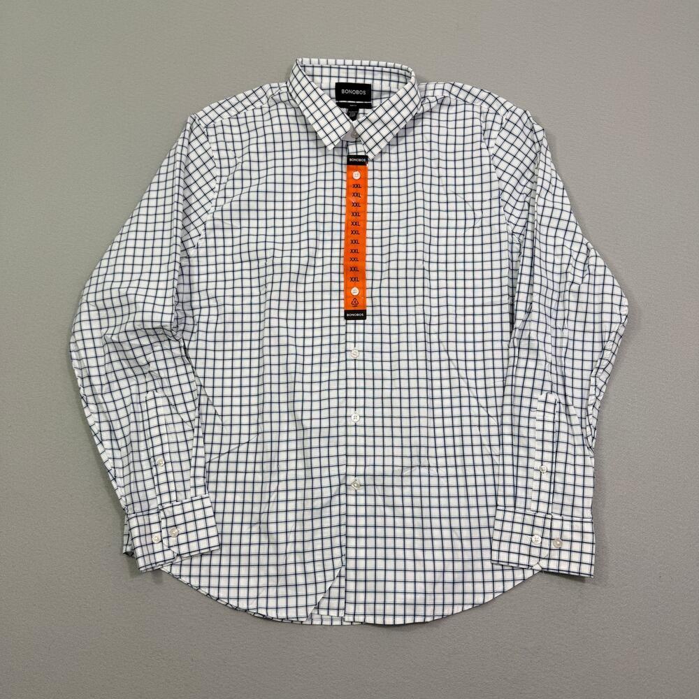 Bonobos Slim Fit Button Shirt Men's 2XL White Blue Plaid Preppy Stretch NEW - Picture 1 of 10